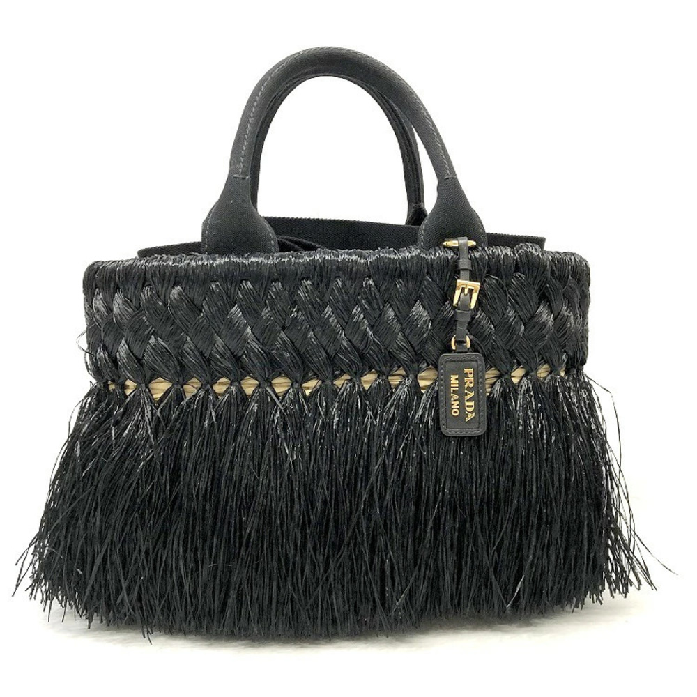 PRADA Basket Bag Handbag Raffia Canvas Black